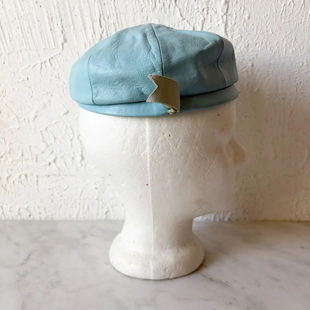 Vintage Blue Leather Newsboy Cap Beret Mod Hat Sanlea Hats New York
